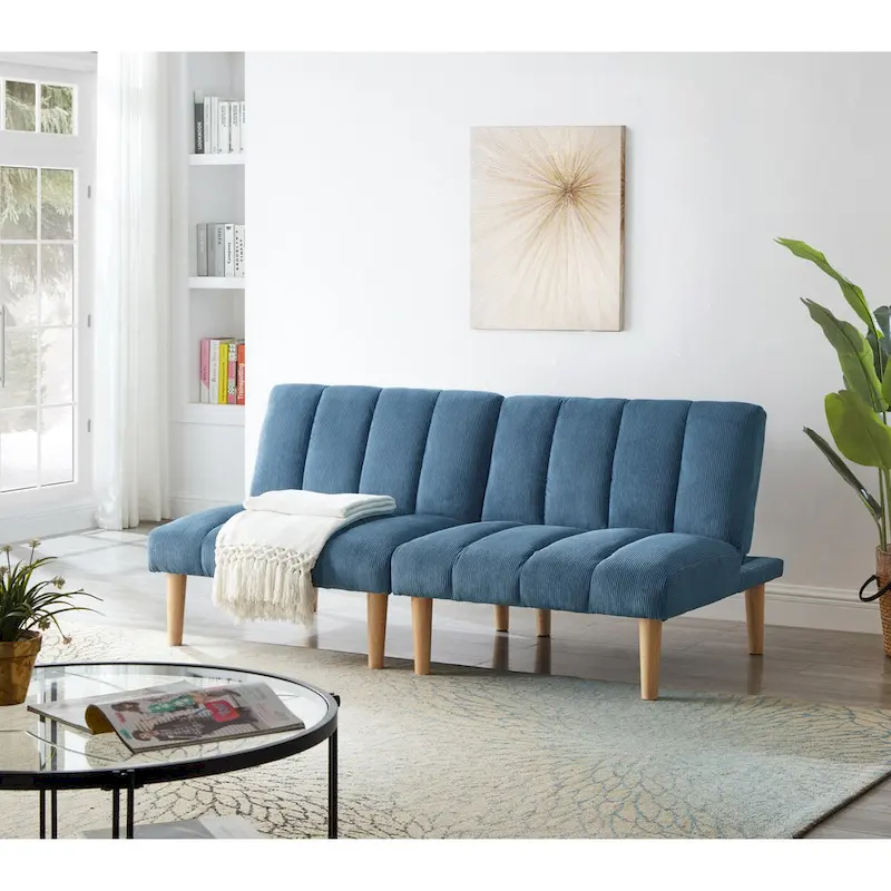 Corduroy Fabric, Wooden Legs Convertible Sofa Bed (Color:Blue)
