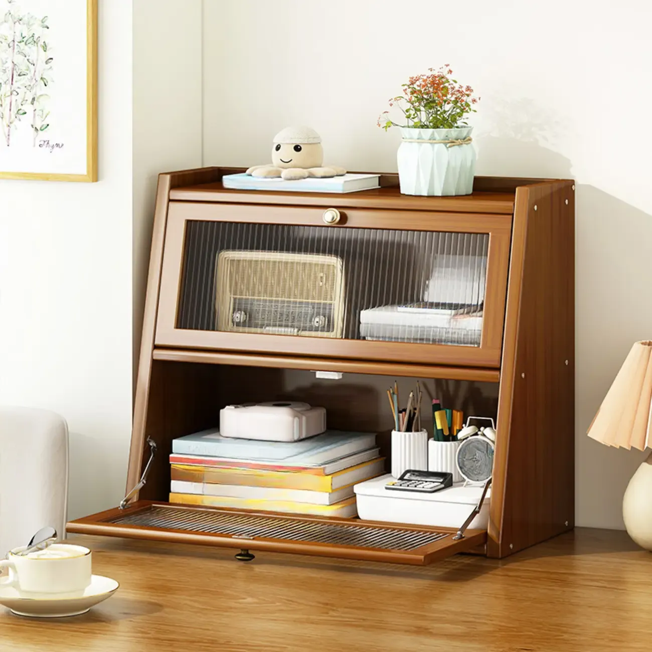 Compact Wood Step Bookcase with Glass Doors