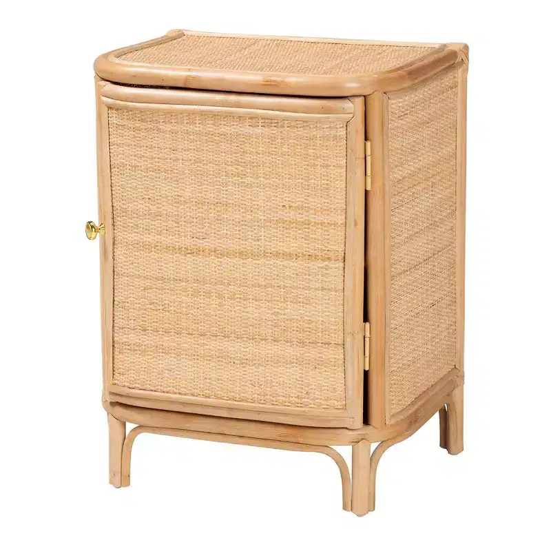 Natural Rattan Nightstand, Brown, Single Door with 2 Shelves