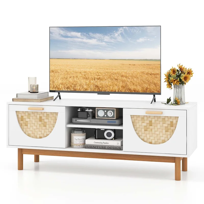 Costway TV Stand for 55-Inch TVs with 2 Drawers & Bamboo Woven Fronts - See Details