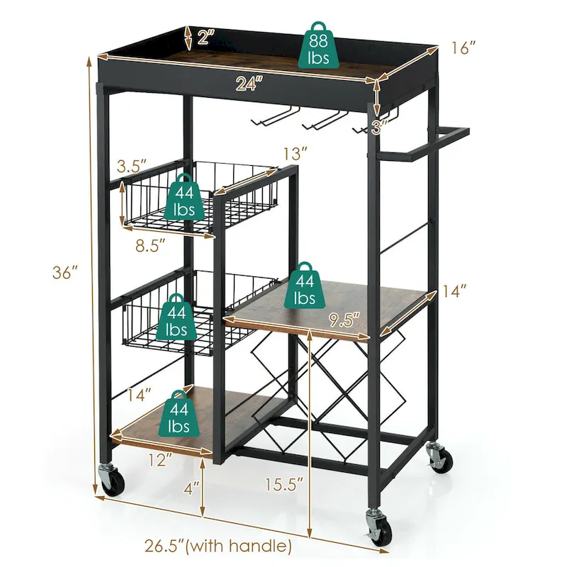 Gymax 4-Tier Kitchen Bar Cart Rolling Serving Trolley Wine Rack - See Details