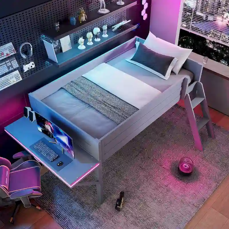Twin Wood Gaming Loft Bed with LED Desk
