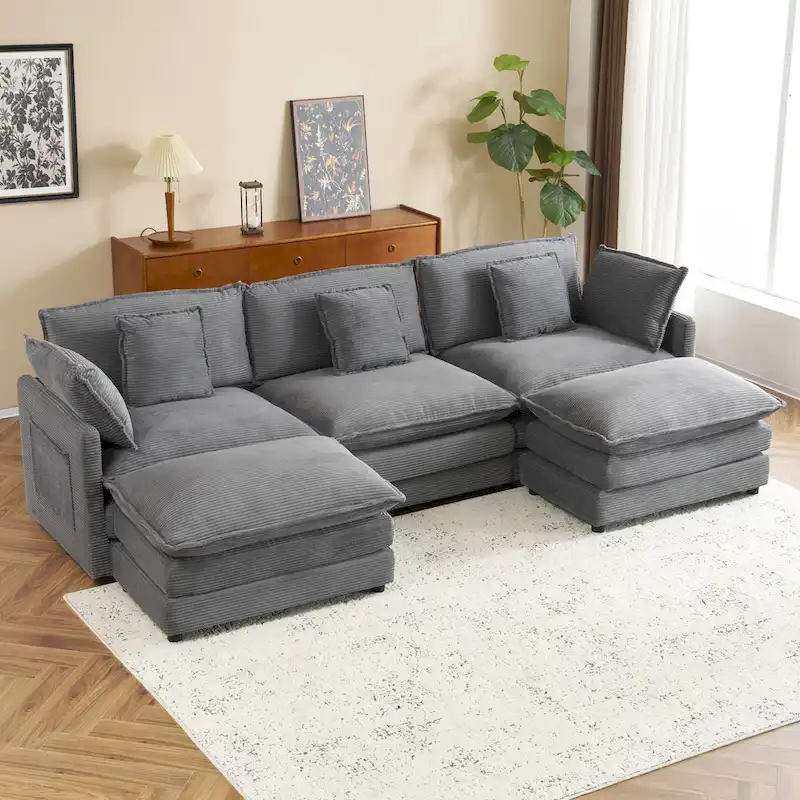 Modular Sofa Couch, Upholstered Corduroy L-Shape Sectional Sofa with Side Storage Pockets and Movable Ottoman