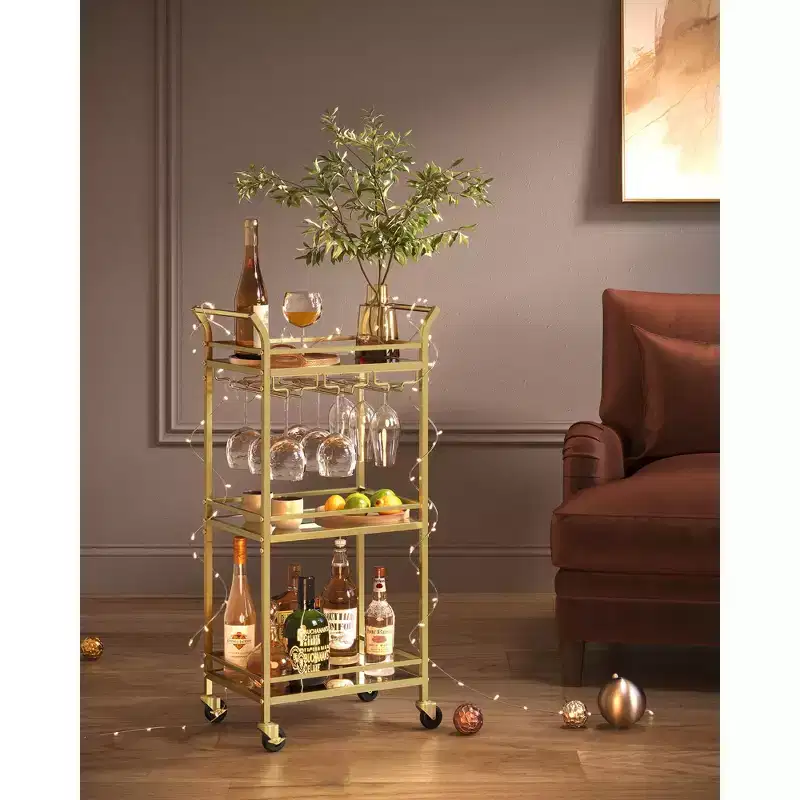 VASAGLE Bar Cart, Home Bar Serving Cart, Small Bar Cart with 3-Tier Shelf, Wine Holders, Glass Holders, Mini Bar Cart Kitchen, Pale Gold