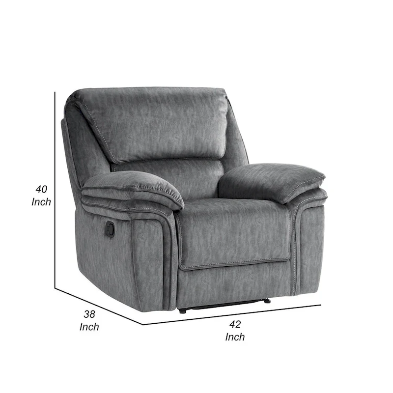 Muir 38 Inch Manual Recliner Chair, Tufted Back Gray Microfiber, Solid Wood