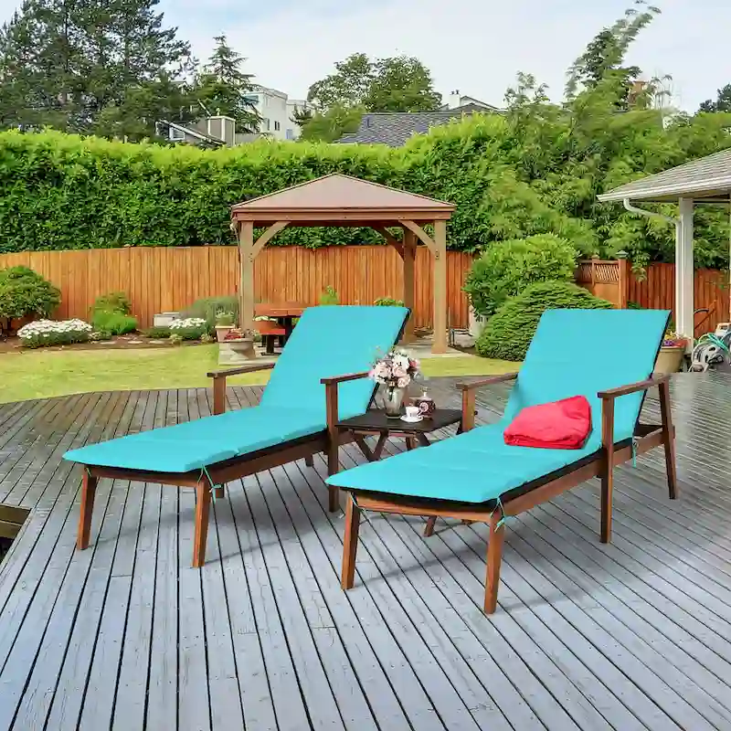 Costway 3PCS Patio Rattan Lounge Chair Folding Table Set Chaise Wood