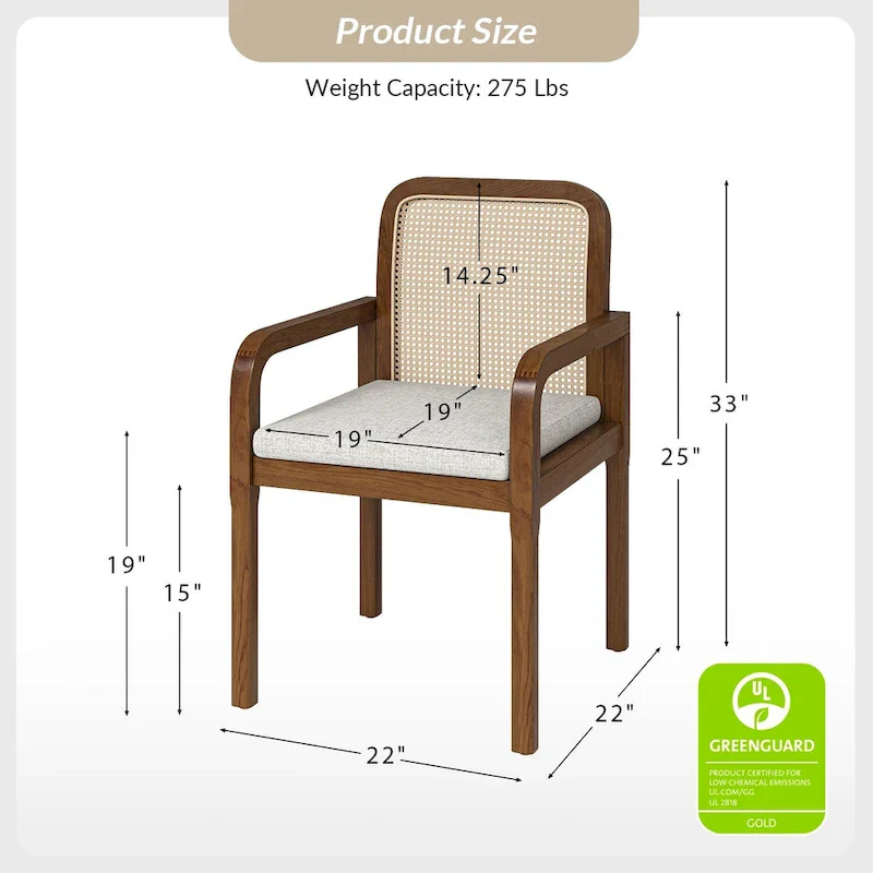 Modern Rattan Back Dining Chair with Removable Cushion - Rubber Wood Frame, Linen Upholstery