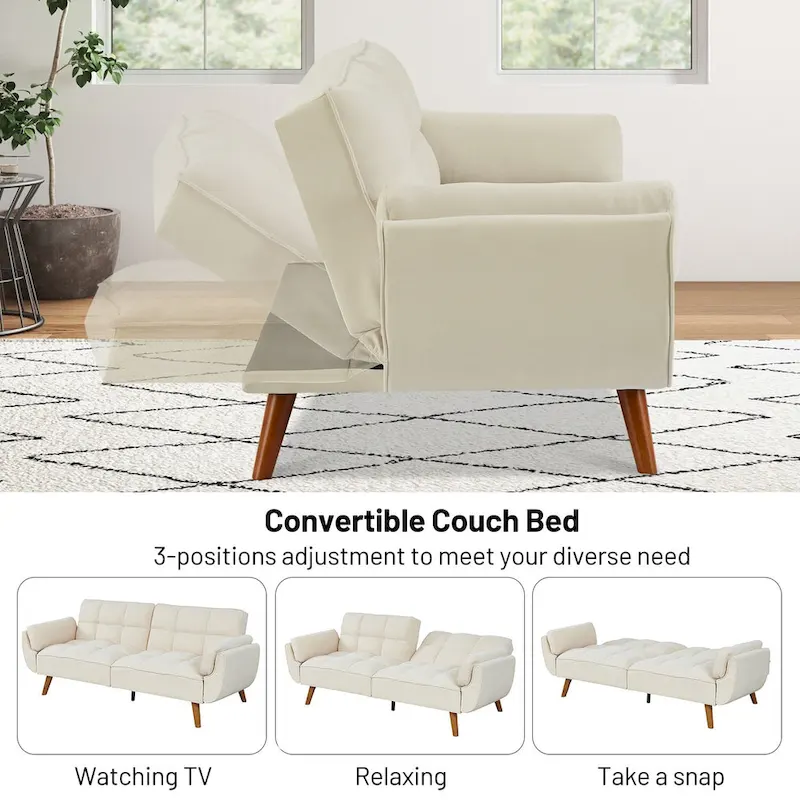 Convertible Futon Sofa Bed, Tufted Linen, Wood Legs, 3-Position Backrest, 500 lbs, Seats 2, Beige/Grey/Green/Yellow