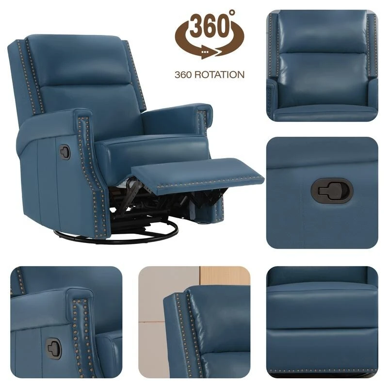 Genuine Leather Manual Rocking Recliner with 360-degree Metal Swivel Base
