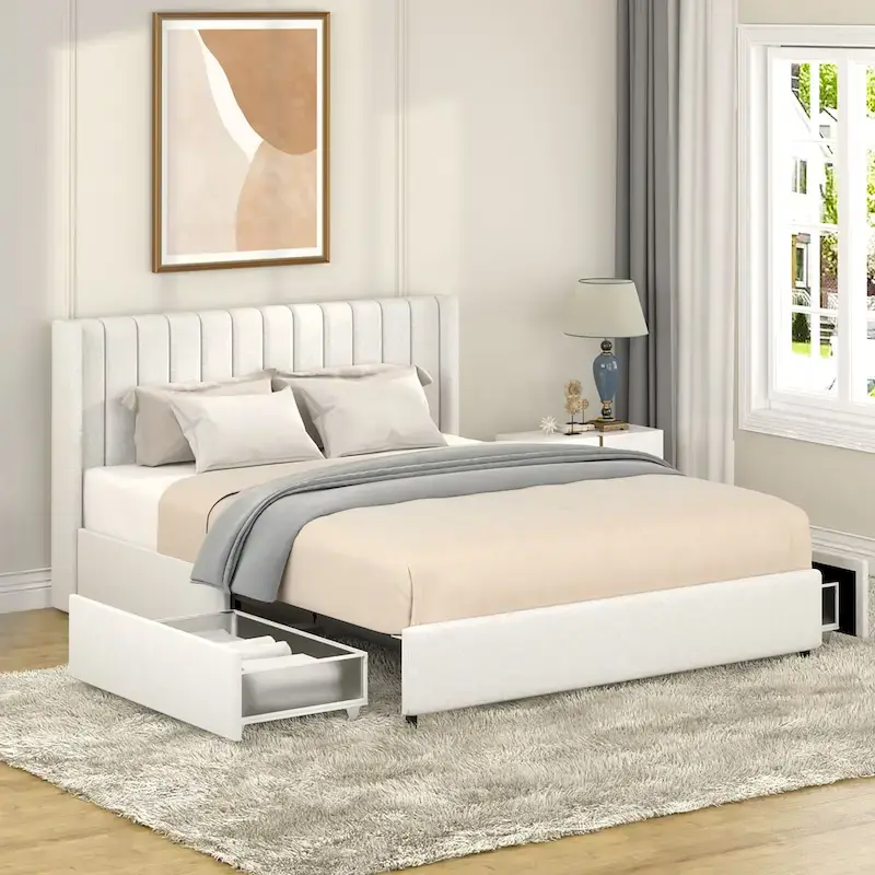 Lilium Ivory Boucle Upholstered Queen Platform Bed with Drawers by Christopher Knight Home