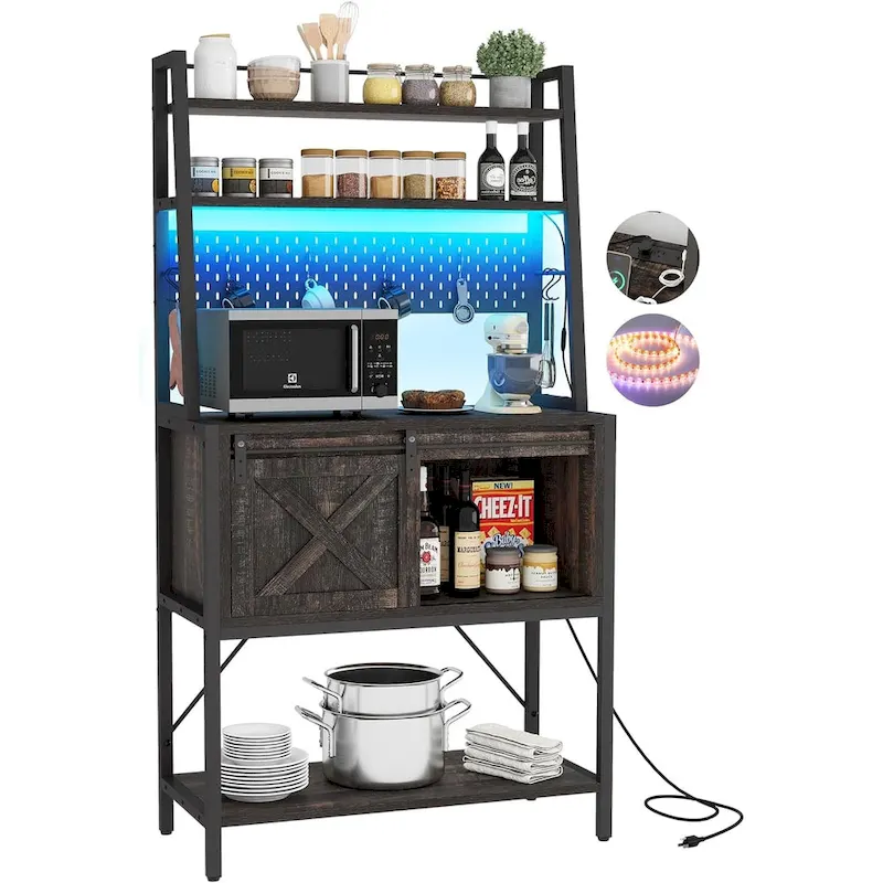 Newport Furnishings 5-Tier Kitchen Baker's Rack with Power Outlet, LED Lights & Sliding Cabinet