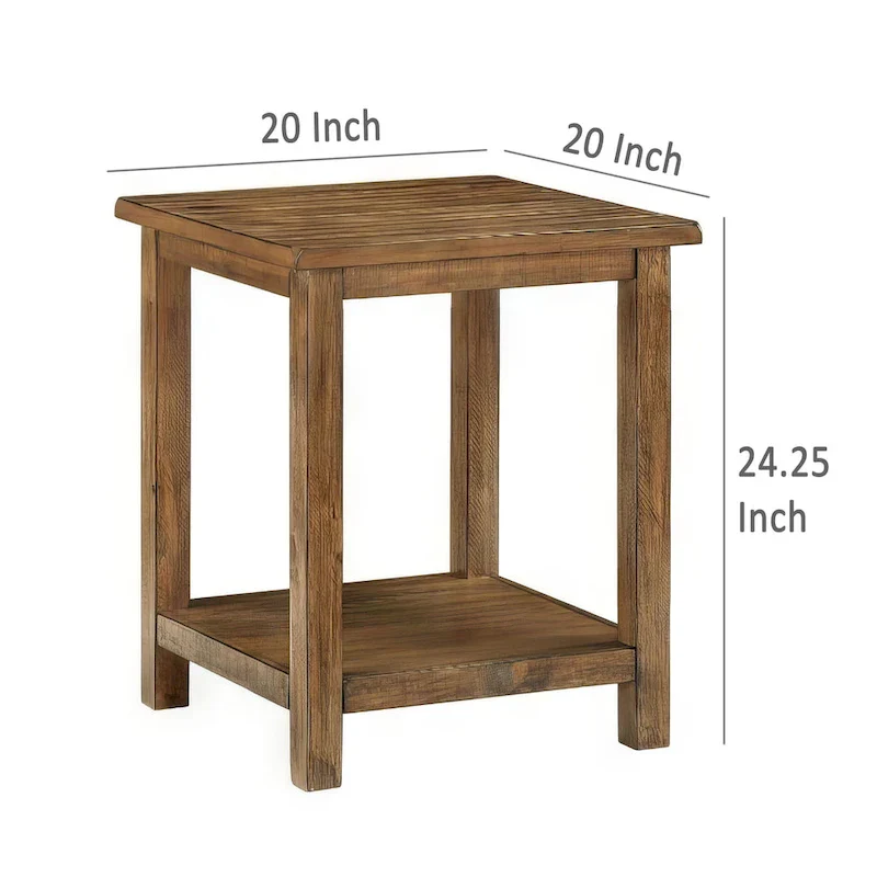 Ayne Side End Table, 1 Shelf, Distressed Brown Wood, Square 20 Inch