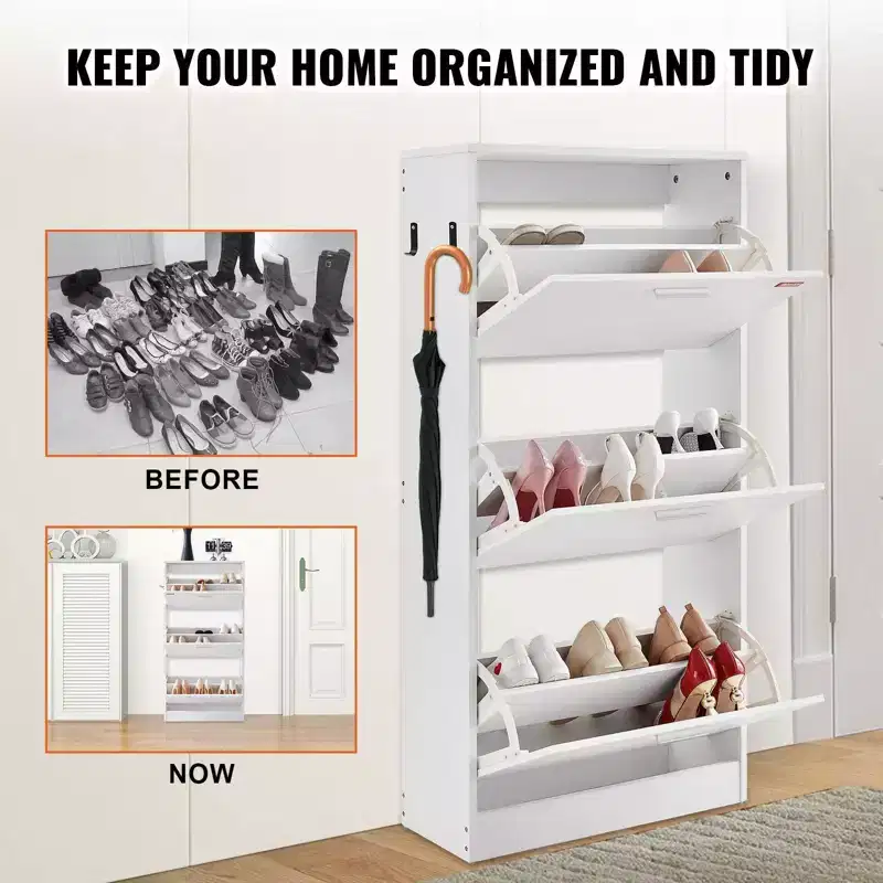 3-Flip Drawer Shoe Cabinet with Side Hooks – White, Freestanding, Holds 15 Pairs