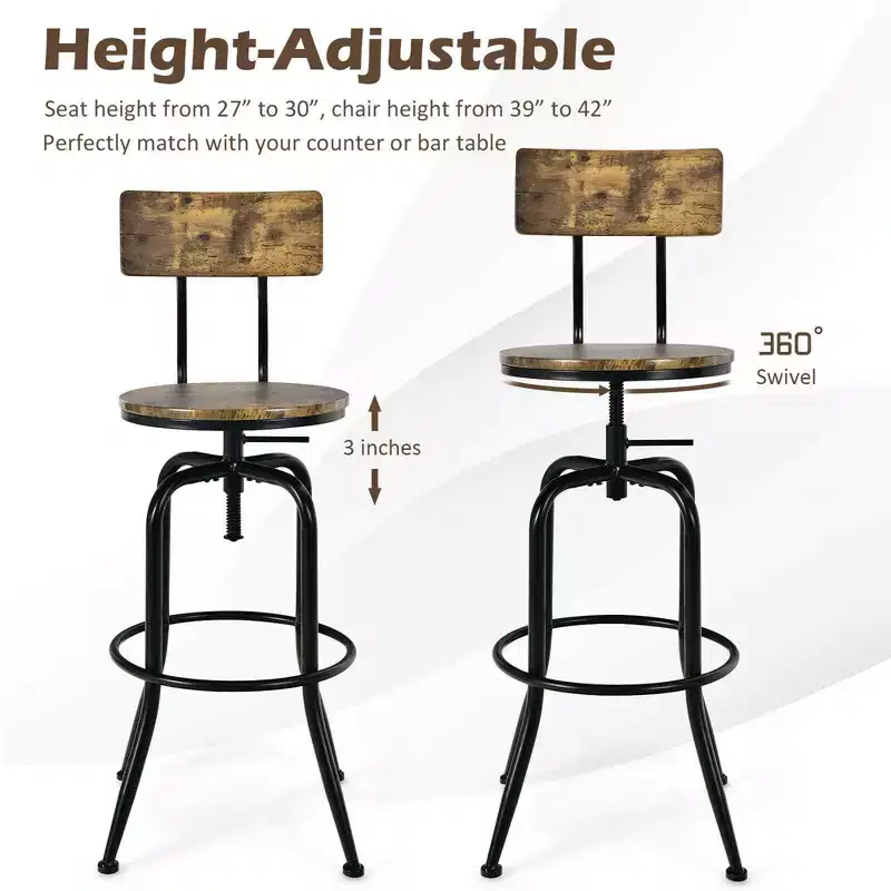 Costway Set of 4 Industrial Bar Stool Adjustable Swivel Counter-Height Dining Side Chair