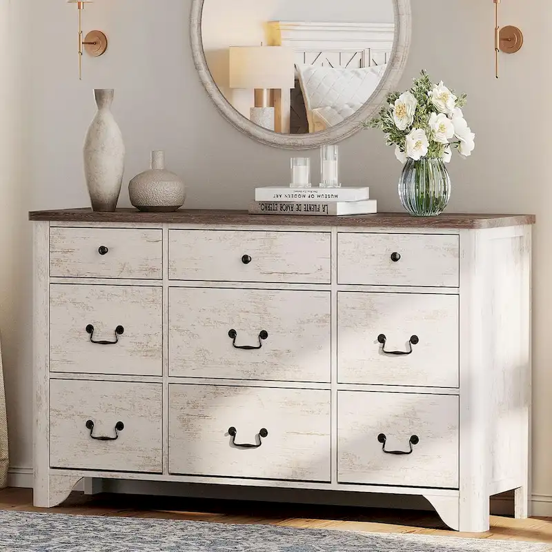 WAMPAT 53.5 Wide Farmhouse White Dresser TV Stand with Curved Edge Design and Wide Chests of Drawers
