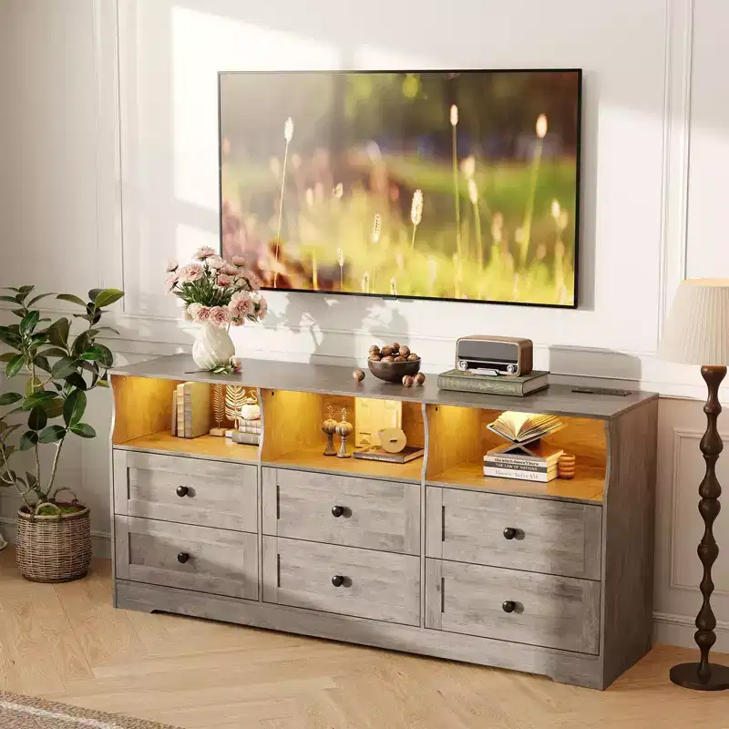 6-Drawer Dresser with RGB Lights & Power Outlet, Black / Gray / White