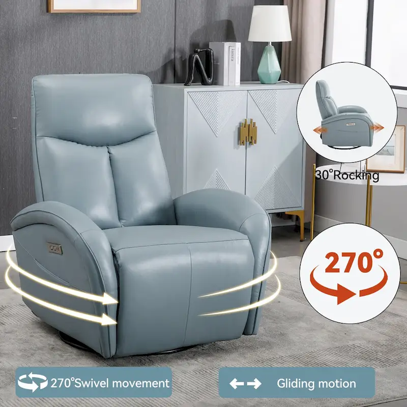 Blue Genuine Leather Power Recliner with Swivel & USB Charging