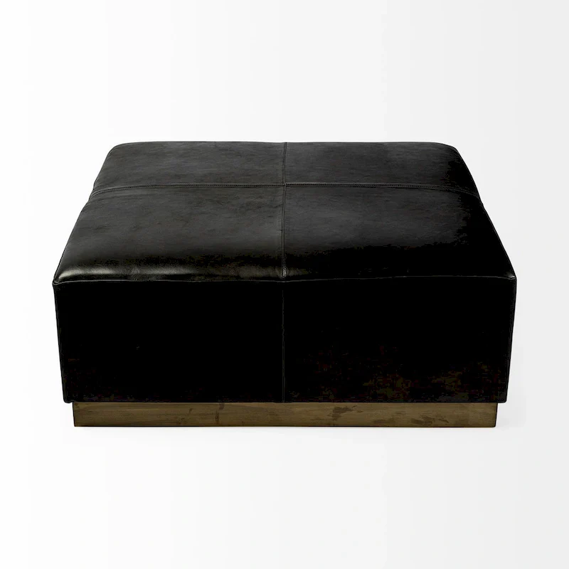 36 Square Ottoman Black Genuine Leather Top-Grain Upholstery Brass Metal Base Modern Living Room Furniture