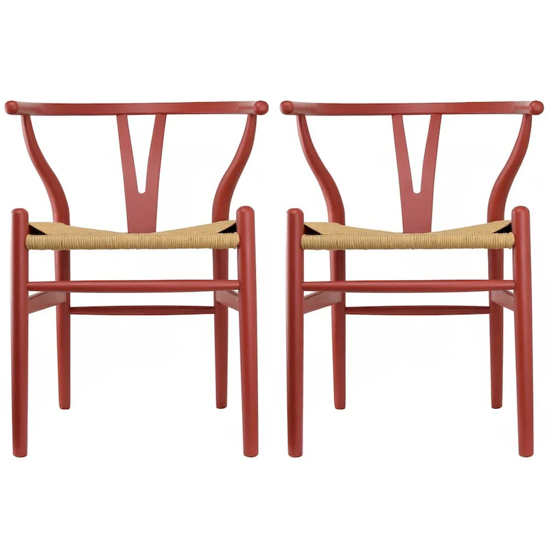 Set of 2 Wood Dining Chairs with Woven Rope Seat