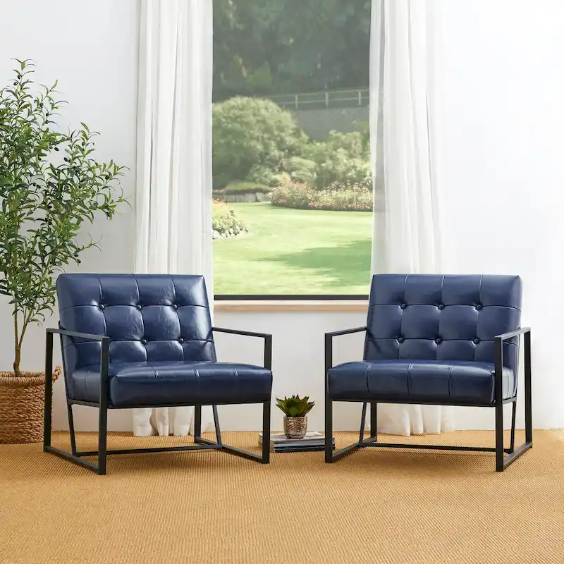 Glitzhome Set of 2 29.25W Mid-Century PU Leather Tufted Accent Chairs