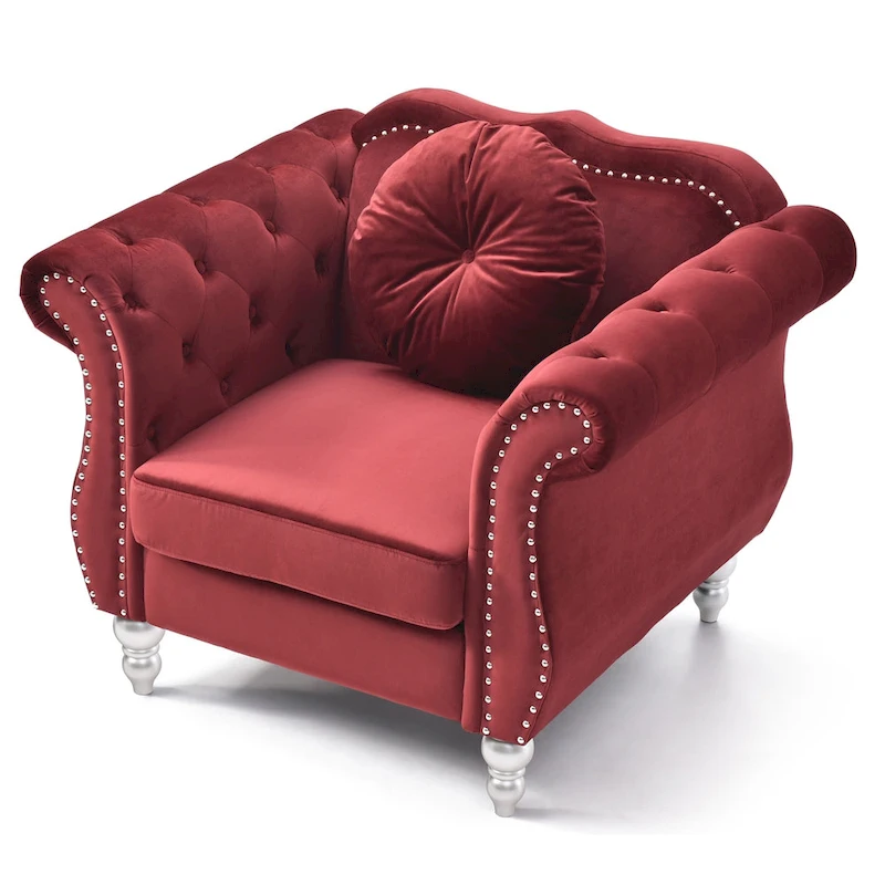 Solid Velvet Accent Chair with Tufted Round Pillow - 39 - Red