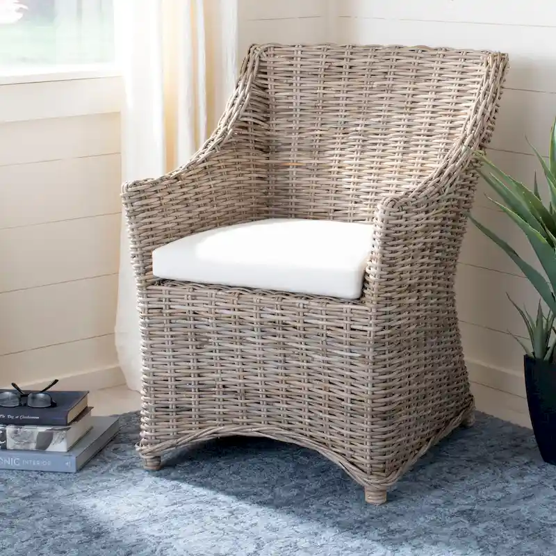 Distressed Brown Woven Rattan Wingback Armchair (Fully Assembled)