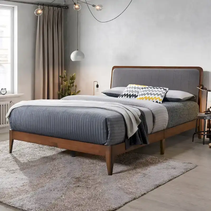 Queen Platform Bed Frame, Grey Upholstered Headboard, Walnut Wood, Seats 2
