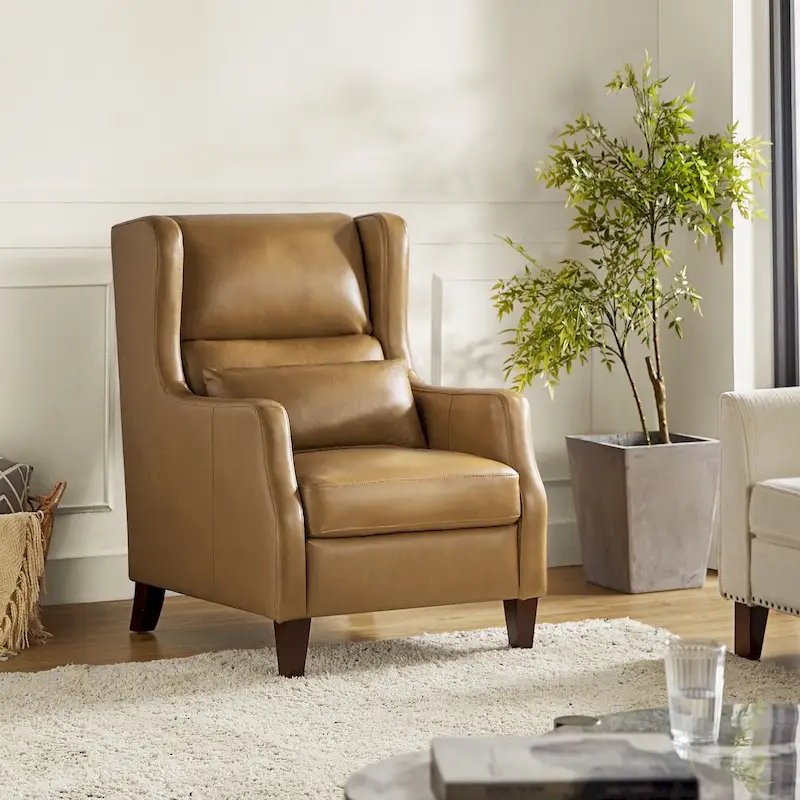 Genuine Leather Wingback Armchair with Lumbar Pillow
