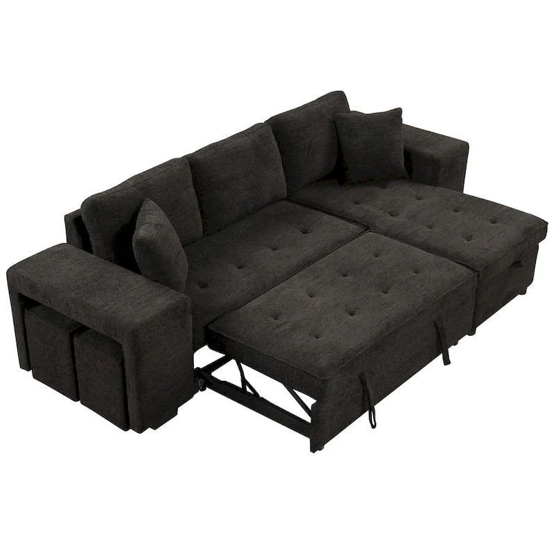 Roomfitters 3-Seater Modern L-Shape Reversible Sectional Couch, Pull-Out Sleeper Sofa with Storage Chaise and Two Stools