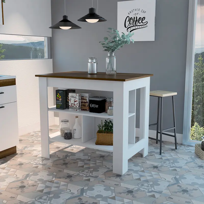 FM Furniture Brooklyn Kitchen Island, Three Concealed Shelves