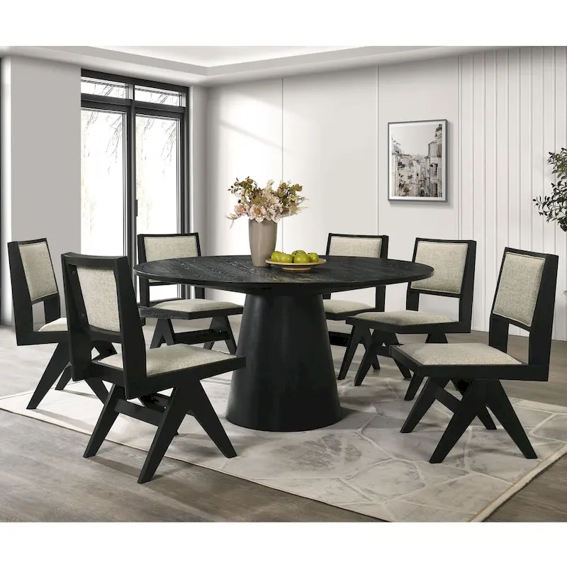 Furniture of America Evrena Modern 7-Piece Black Solid Wood 59-inch Round Dining Set
