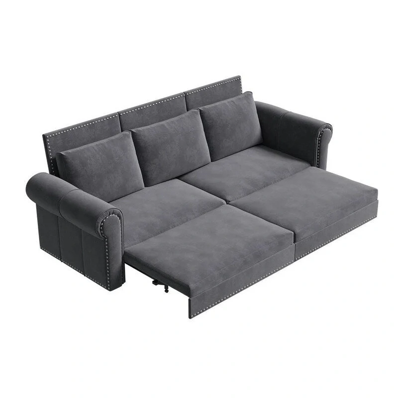 3-in-1 King Pull Out Sofa Bed Chesterfield Sofa, Velvet/Faux Leather Convertible Sleeper Sofa with Nailhead Trim & Rolled Arm