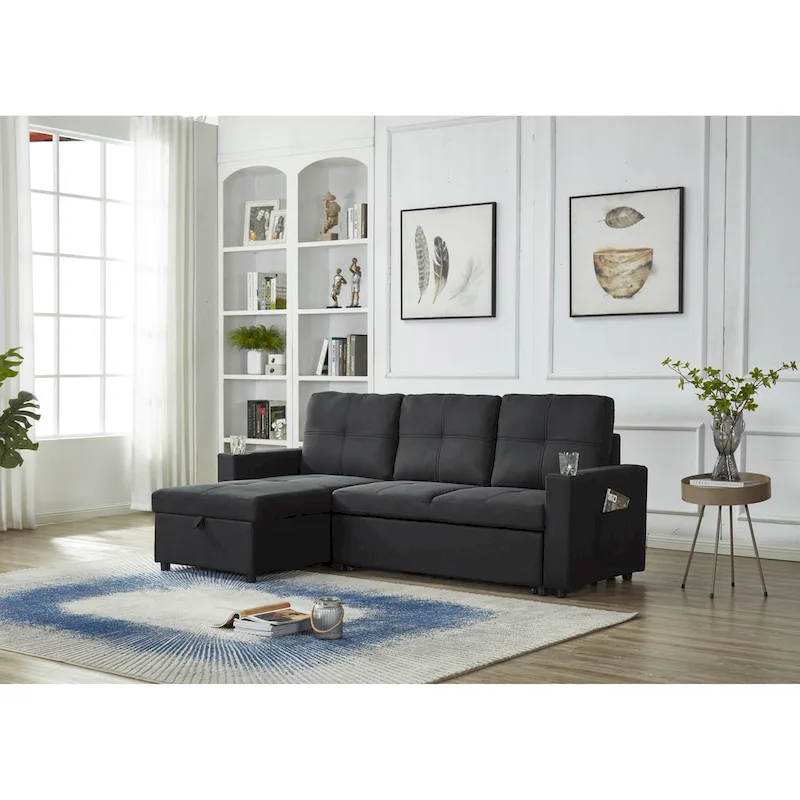 Linen Sectional Sofa Reversible Chaise with Pull out Sleeper