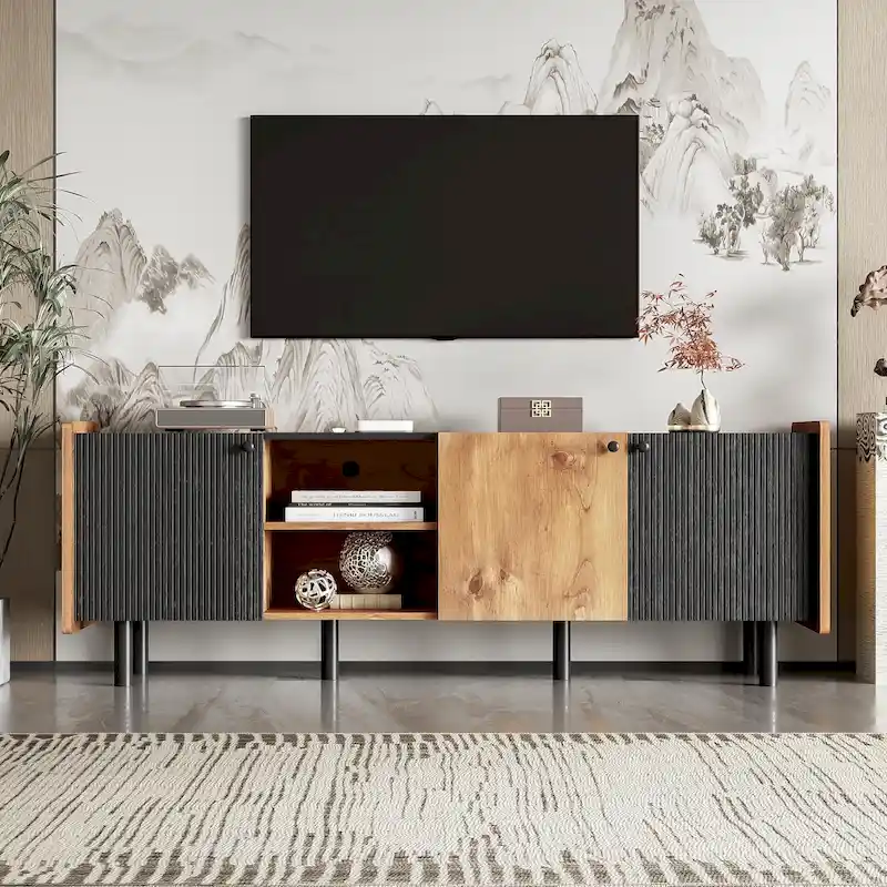 Mid Century TV Stand with 3 Cabinets, Media Console Table for TVs up to 70, Entertainment Center with Storage