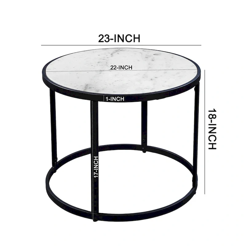 23 Inch Side End Table, Modern Round White Natural Marble Top, Classic Black Iron Frame
