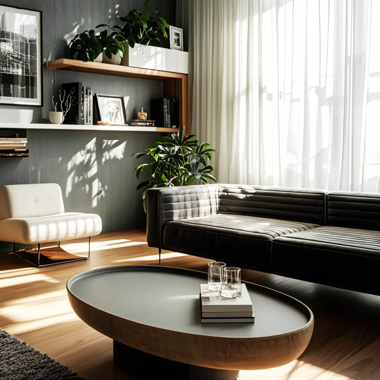 Modern Black Round Fiberglass Coffee Table with Tray Top