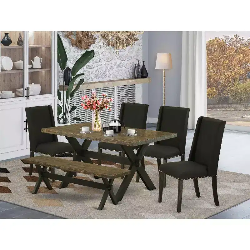 HomeStock 6-Pc Rectangle Distressed Jacobean Finish Solid Wood Top Dining Table with 1-Bench, 4-Chairs