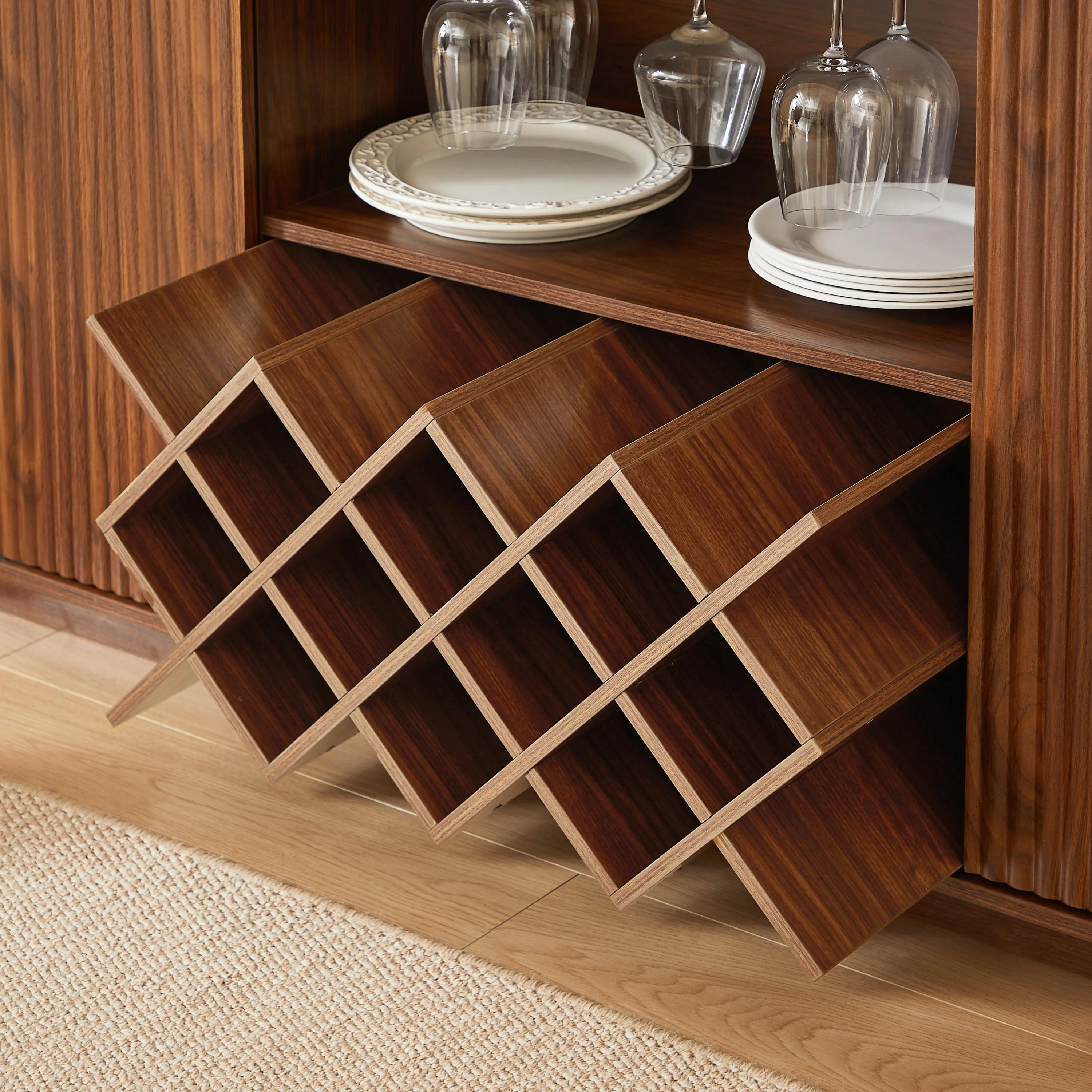 Modern Fluted Curve 58' Wine Rack Bar Cabinet / Sideboard