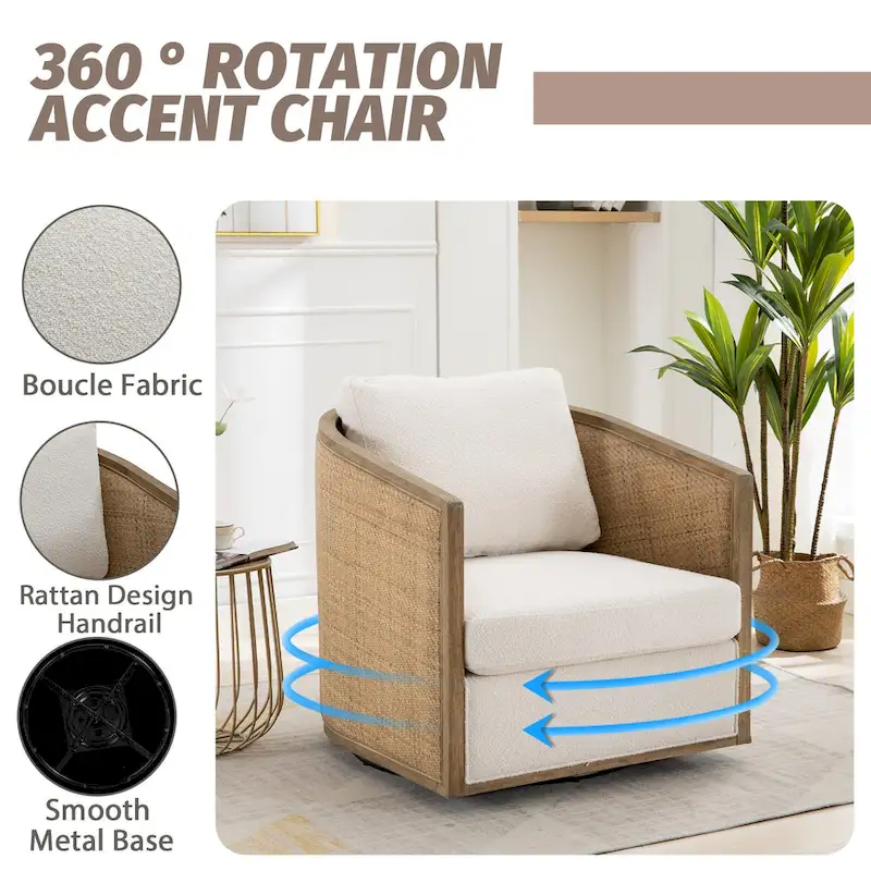 Boucle/Leather Upholstered 360 Degree Swivel Round Barrel Club Chair