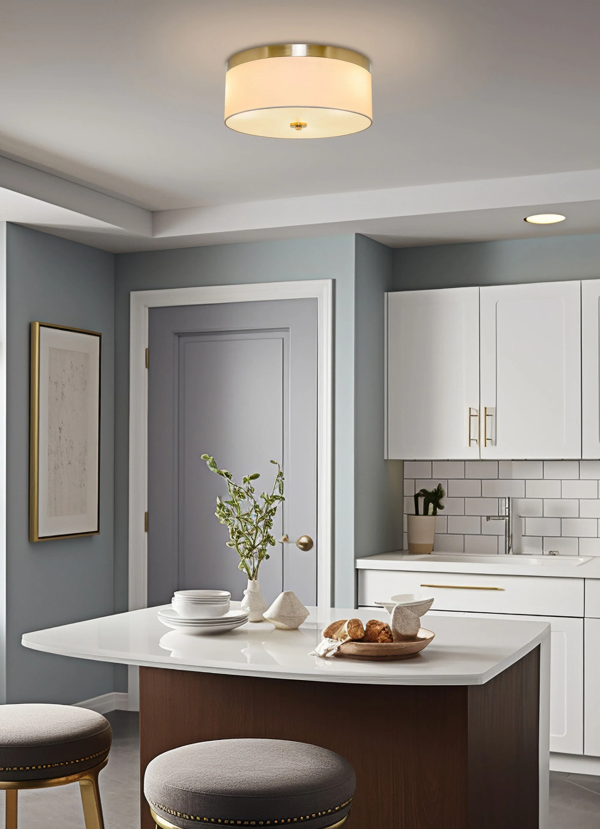 Kira Home Walker 15 Mid-Century Modern 3-Light Flush Mount Ceiling Light, White Fabric Shade + Round Glass Diffuser, Cool Brass Finish