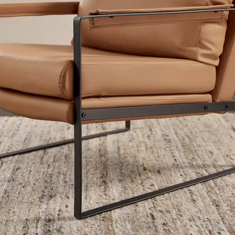 Mid-Century Leather Accent Chair, Brown/Khaki, Metal Frame, Seats 1