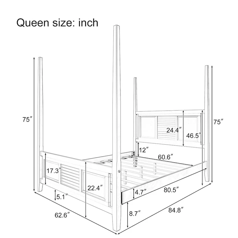 Queen Solid Pine Four Poster Bed with 75 Tall Frame