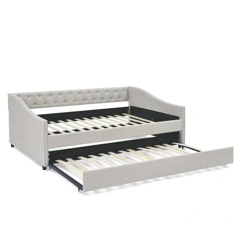 Upholstered Daybed Frame with Trundle & Tufted Backrest