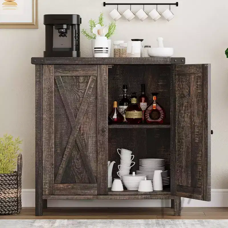 Brown Wood Single-Door Sideboard Cabinet, 2-Piece Set