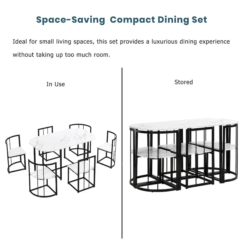 Modern 7-Piece Metal Frame Dining Table Set with Half-Round Table & 6 Chairs