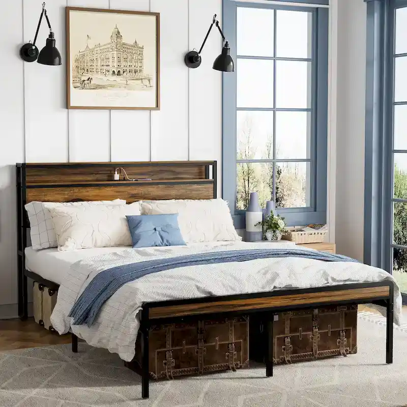 Queen Size Platform Bed with Storage Headboard and LED