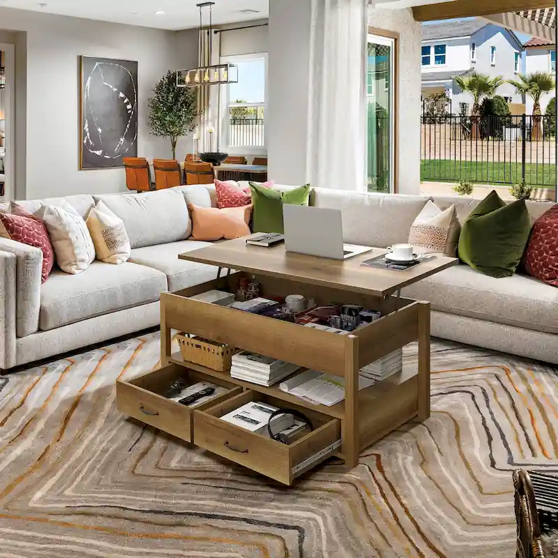 Wood Lift Top Coffee Table with Storage Shelf and Drawers