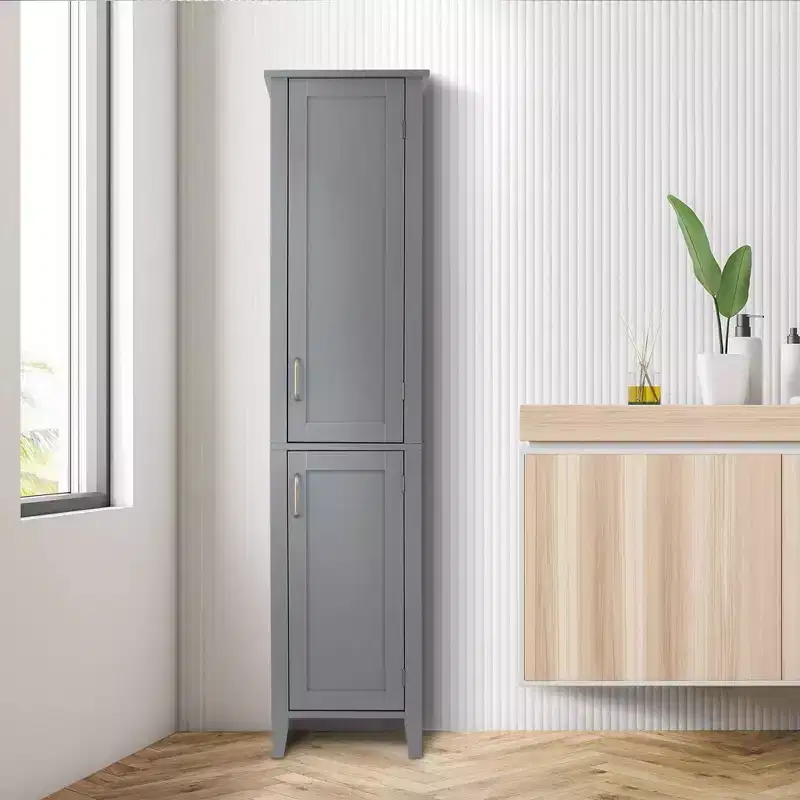 Mercer Mid Century Modern Wooden Linen Tower Cabinet Gray - Elegant Home Fashions