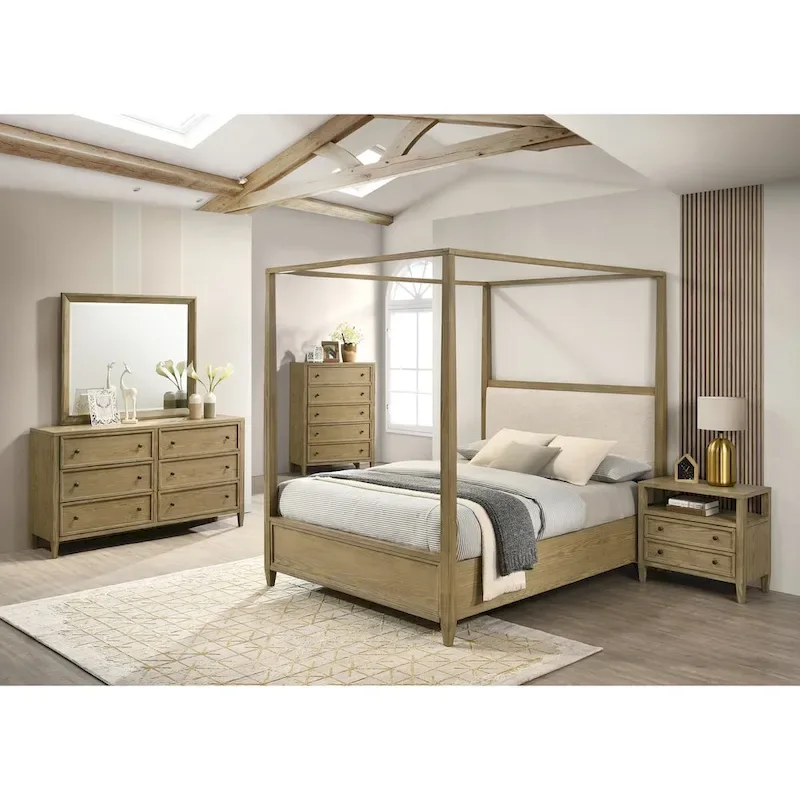 Newell 6 Piece Light Brown Upholstered Canopy Platform Bedroom Set
