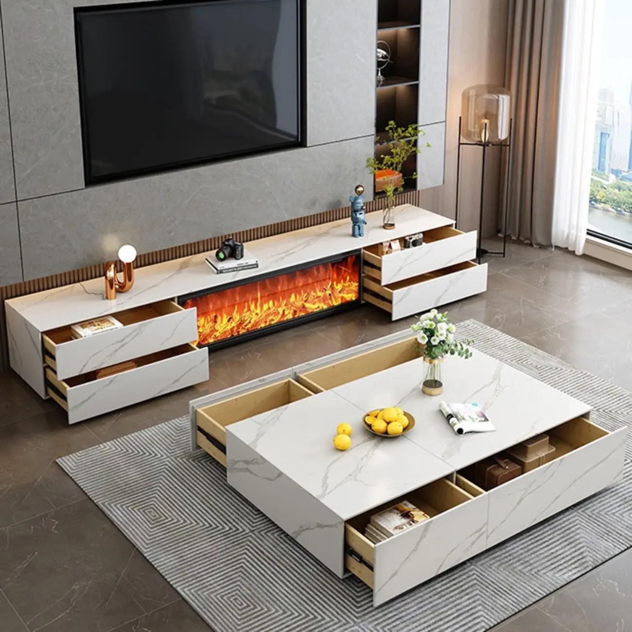94.5 White Rectangle Stone TV Stand with Fireplace & Light